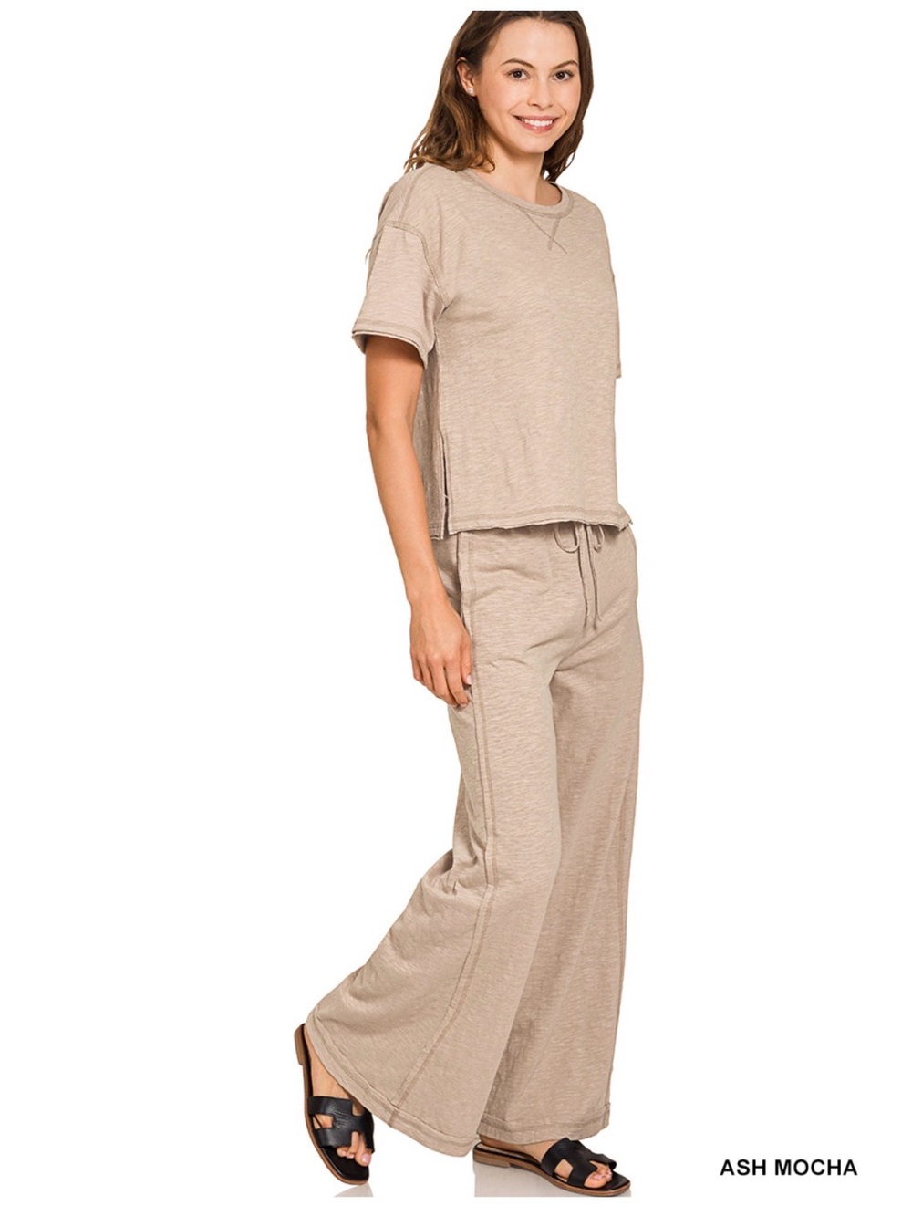 COTTON SLUB SHORT SLV TEE & PANTS SET